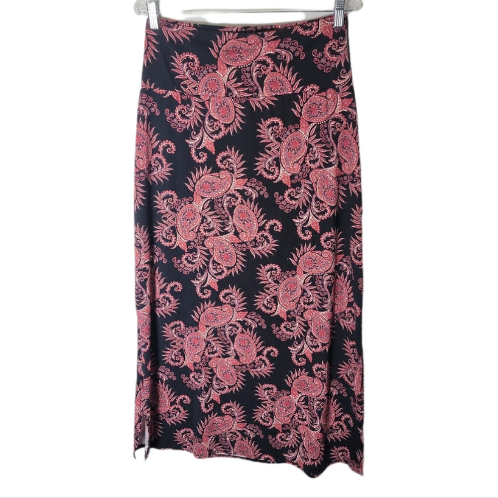 Agnes & Dora paisley maxi skirt XL black pink white pull on tretch banded waist